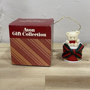 Vtg Avon Teddy Bear On A Drum Christmas Ornament Collection white 2-1/8" x1-3/4"